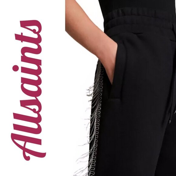 ALLSAINTS GISELLE CHAIN FRINGE TRIM BLACK SWEATPANTS, SIZE SMALL - Picture 7 of 16